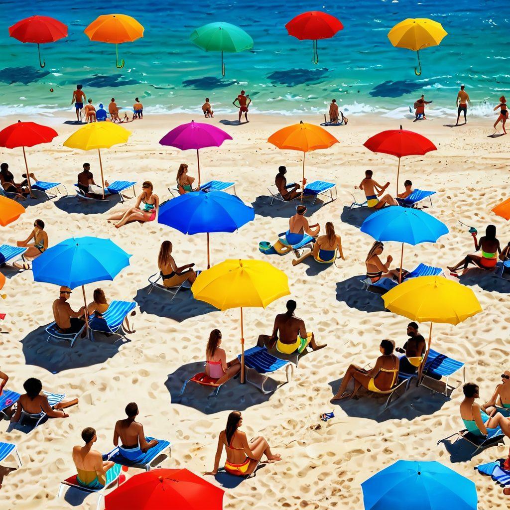 A lively beach scene showcasing diverse individuals wearing vibrant summer beachwear, playing volleyball, sunbathing, and enjoying the ocean waves. Bright umbrellas dot the sandy shore, and colorful beach accessories like sunglasses and hats add to the festive atmosphere. The sun shines brightly in a clear blue sky, evoking a warm, inviting vibe. super-realistic. vibrant colors.